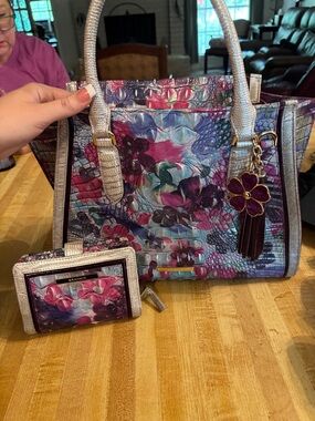 Brahmin Purple and Pink Floral Croc-Embossed Tote with Tassel Charm
